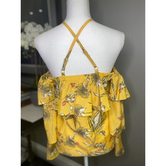 Express Yellow Floral Ruffle Cold Shoulder Top XS - Picture 5 of 8